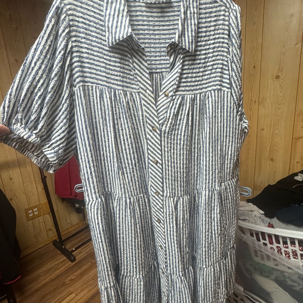 Jane and Delancey Blue and White Striped Button-Front Tiered Dress